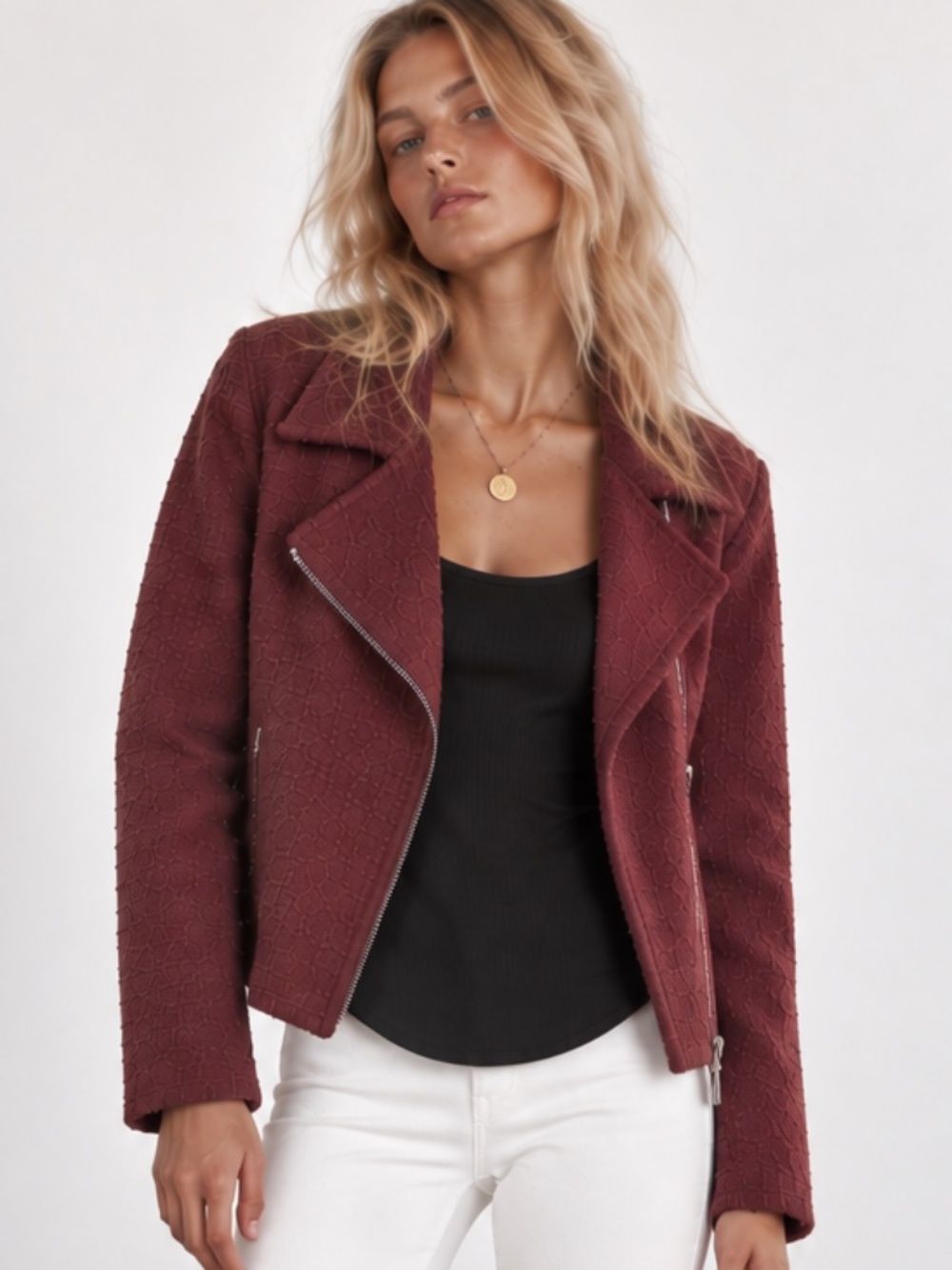 MAX STUDIO Textured Knit Stretch Moto Jacket Burgundy Maroon Asymmetric Zip S